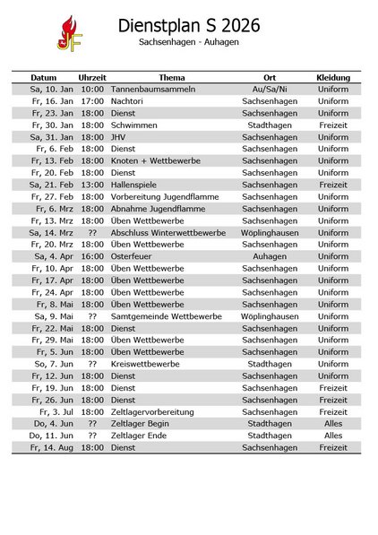 Dienstplan 2026 Sommer